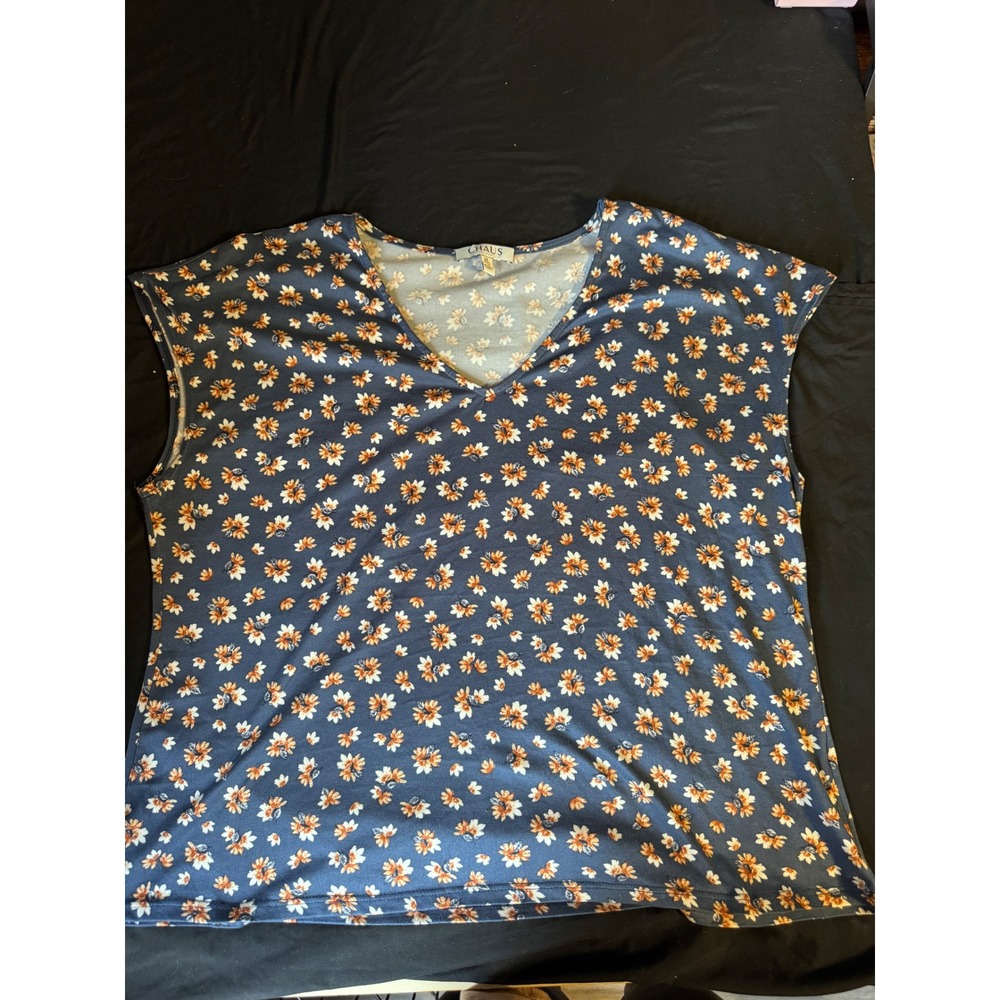 Chaus New York Floral V-Neck Top Blue Orange Daisy Print XL Short Sleeve Blouse